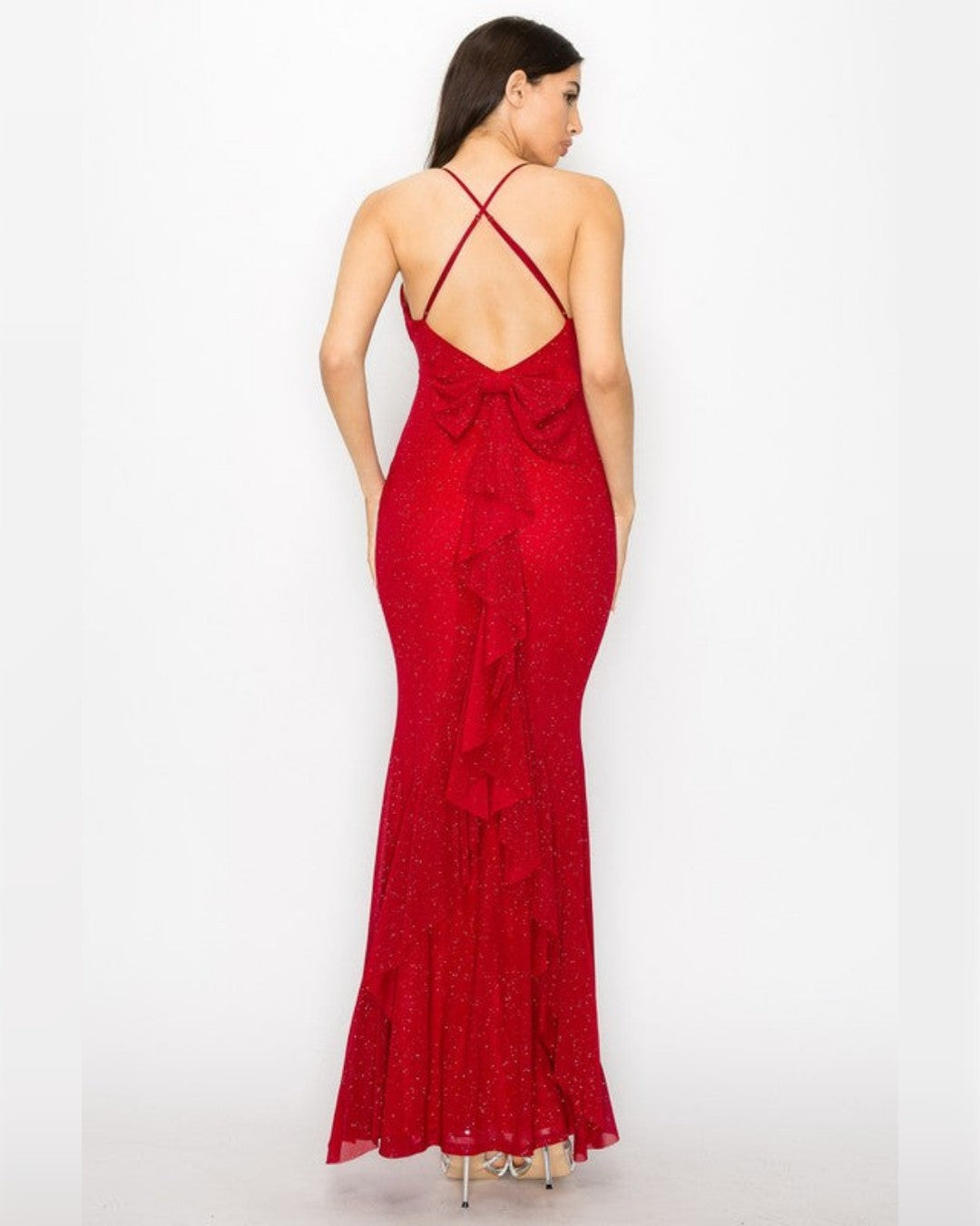 VESTIDO LARGO CON GLITTER, APLICACIÓN DE MOÑO EN LA ESPALDA BD05518H