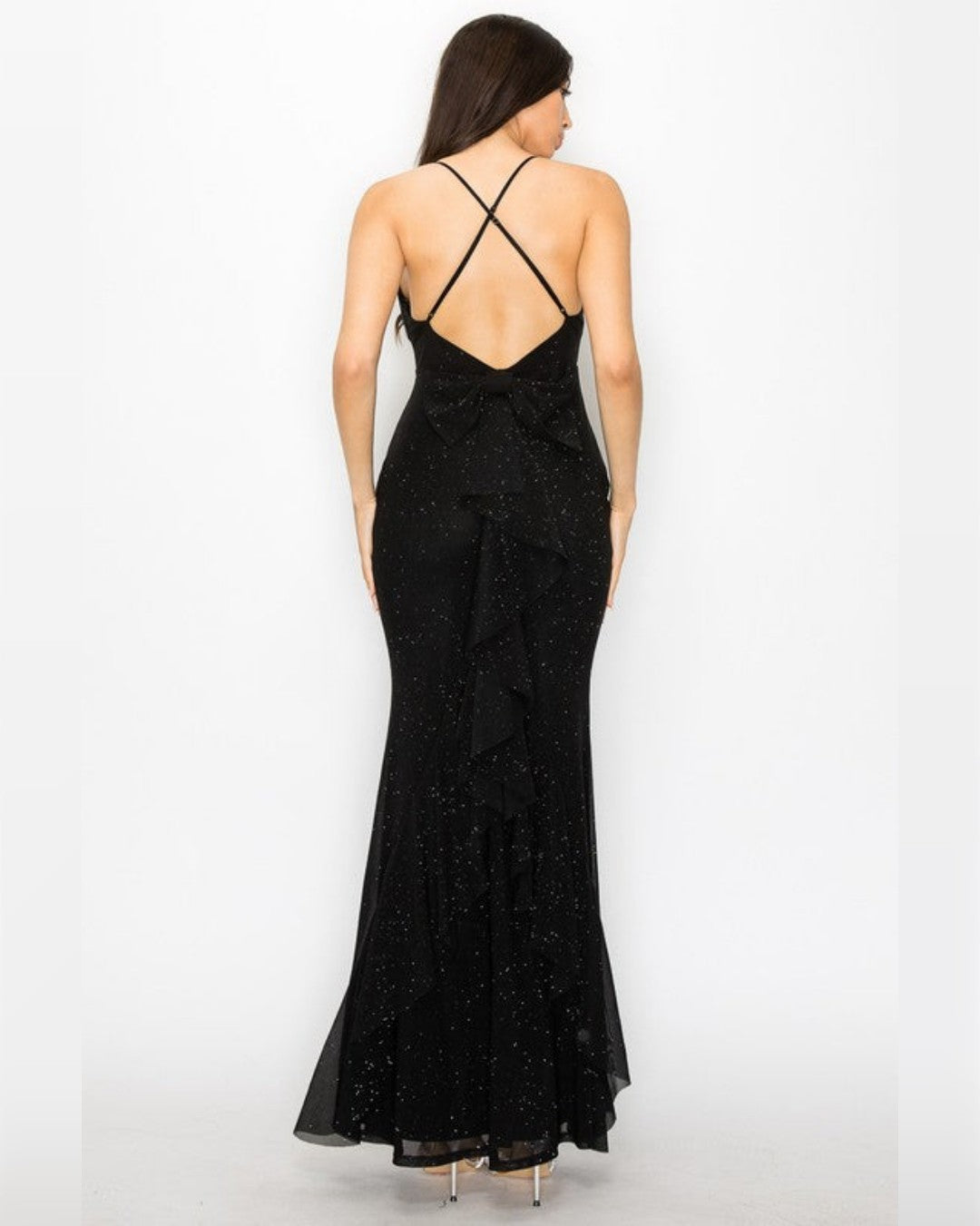 VESTIDO LARGO CON GLITTER, APLICACIÓN DE MOÑO EN LA ESPALDA BD05518H