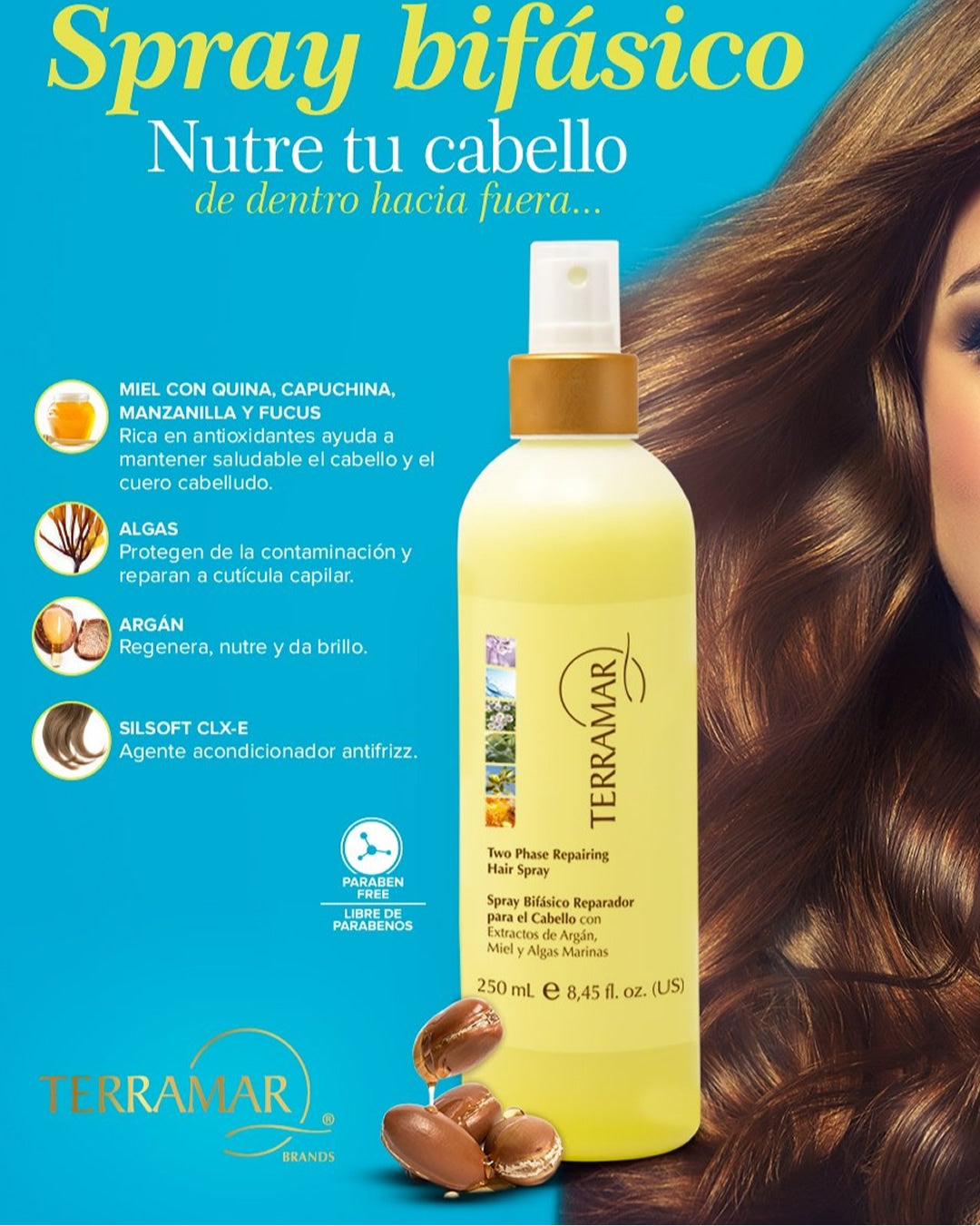 SPRAY BIFÁSICO PARA EL CABELLO CON EXTRACTOS DE ARGÁN, MIEL Y ALGAS MARINAS TERRAMAR DE 250 ML.