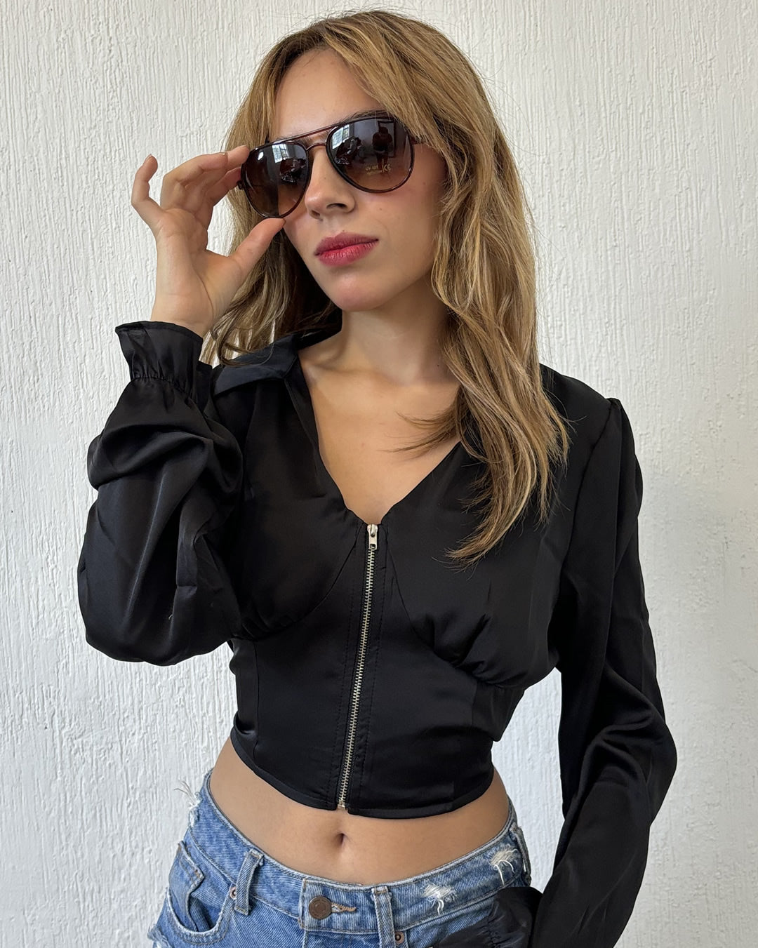 Blusa De Manga Larga Negra Corta Para Blusas Manga Larga Negra