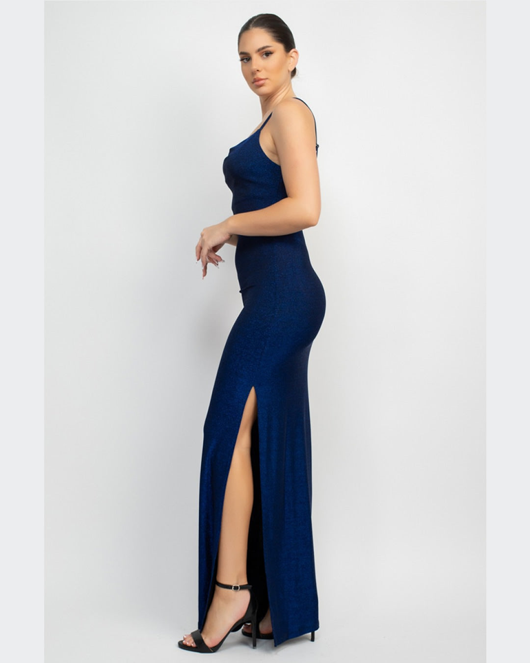 HMD-13869 VESTIDO AZÚL CON GLITTER, LARGO CON ABIERTA LATERAL, DE TIRANTES