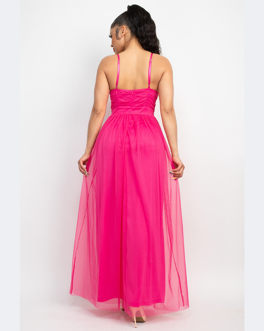 VESTIDO LARGO ROSA DE TIRANTES CON FALDILLA DE TULL ID5431