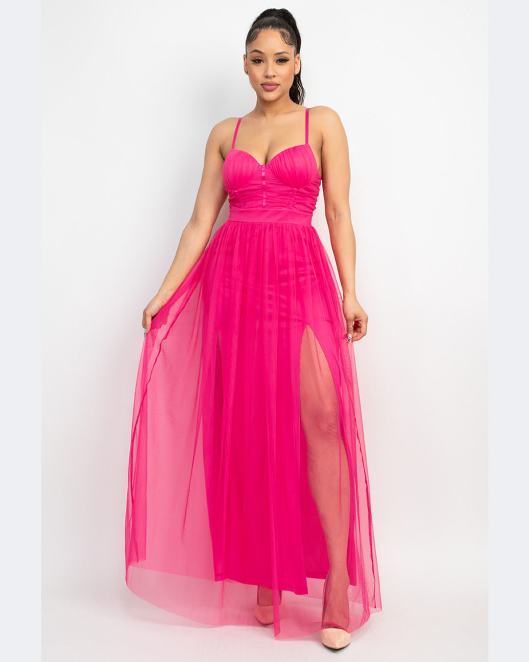VESTIDO LARGO ROSA DE TIRANTES CON FALDILLA DE TULL ID5431