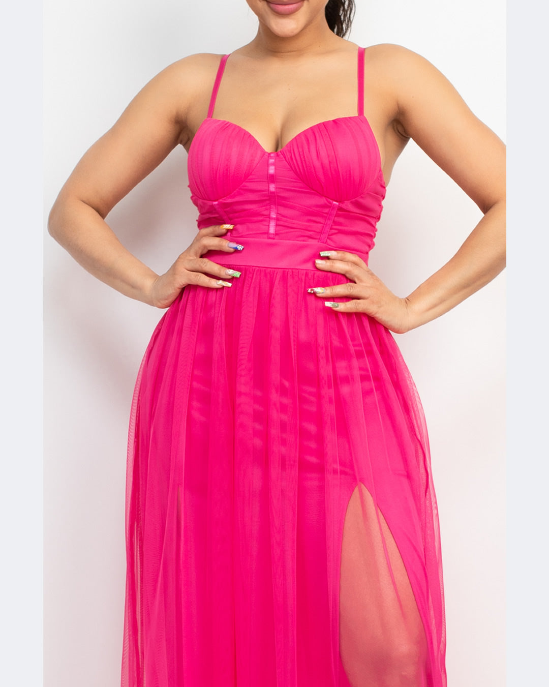 VESTIDO LARGO ROSA DE TIRANTES CON FALDILLA DE TULL ID5431