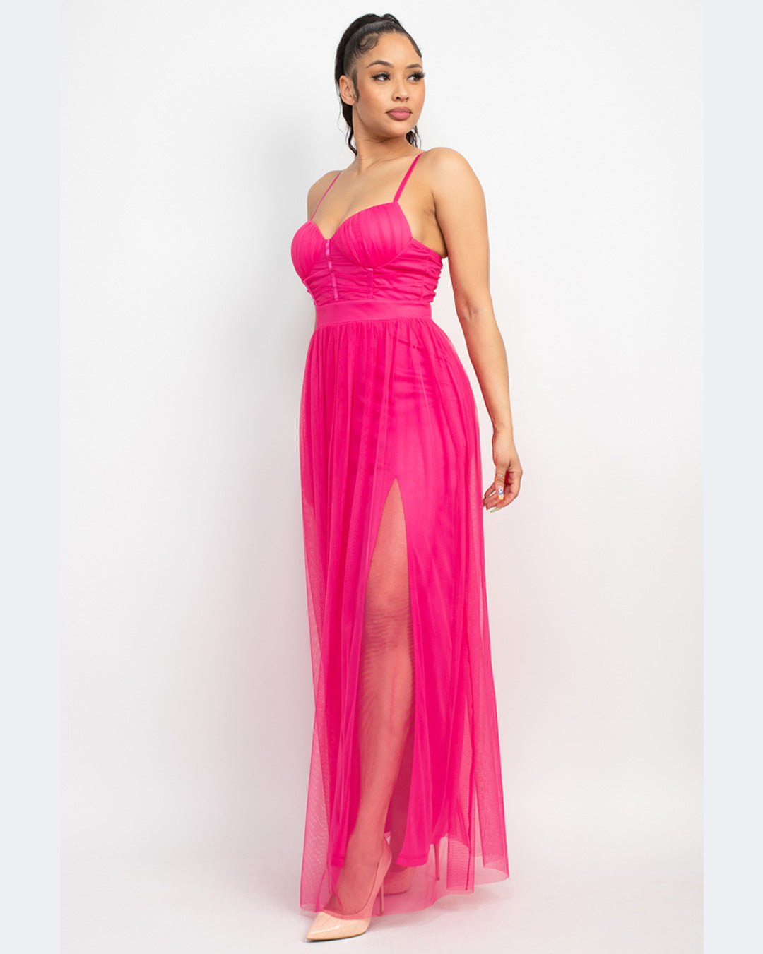VESTIDO LARGO ROSA DE TIRANTES CON FALDILLA DE TULL ID5431