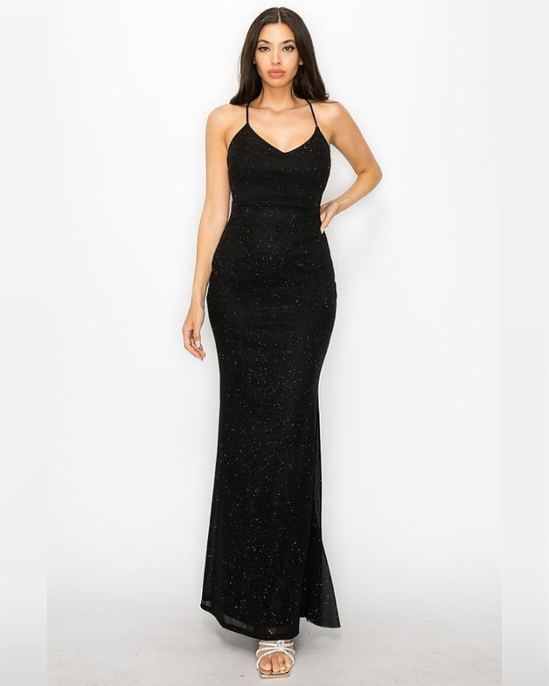 VESTIDO LARGO CON GLITTER, APLICACIÓN DE MOÑO EN LA ESPALDA BD05518H