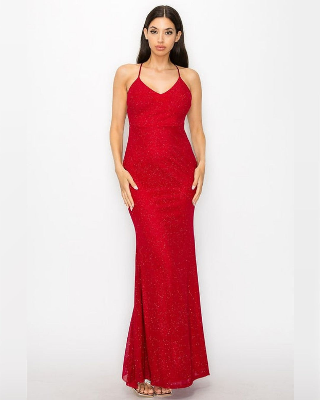 VESTIDO LARGO CON GLITTER, APLICACIÓN DE MOÑO EN LA ESPALDA BD05518H