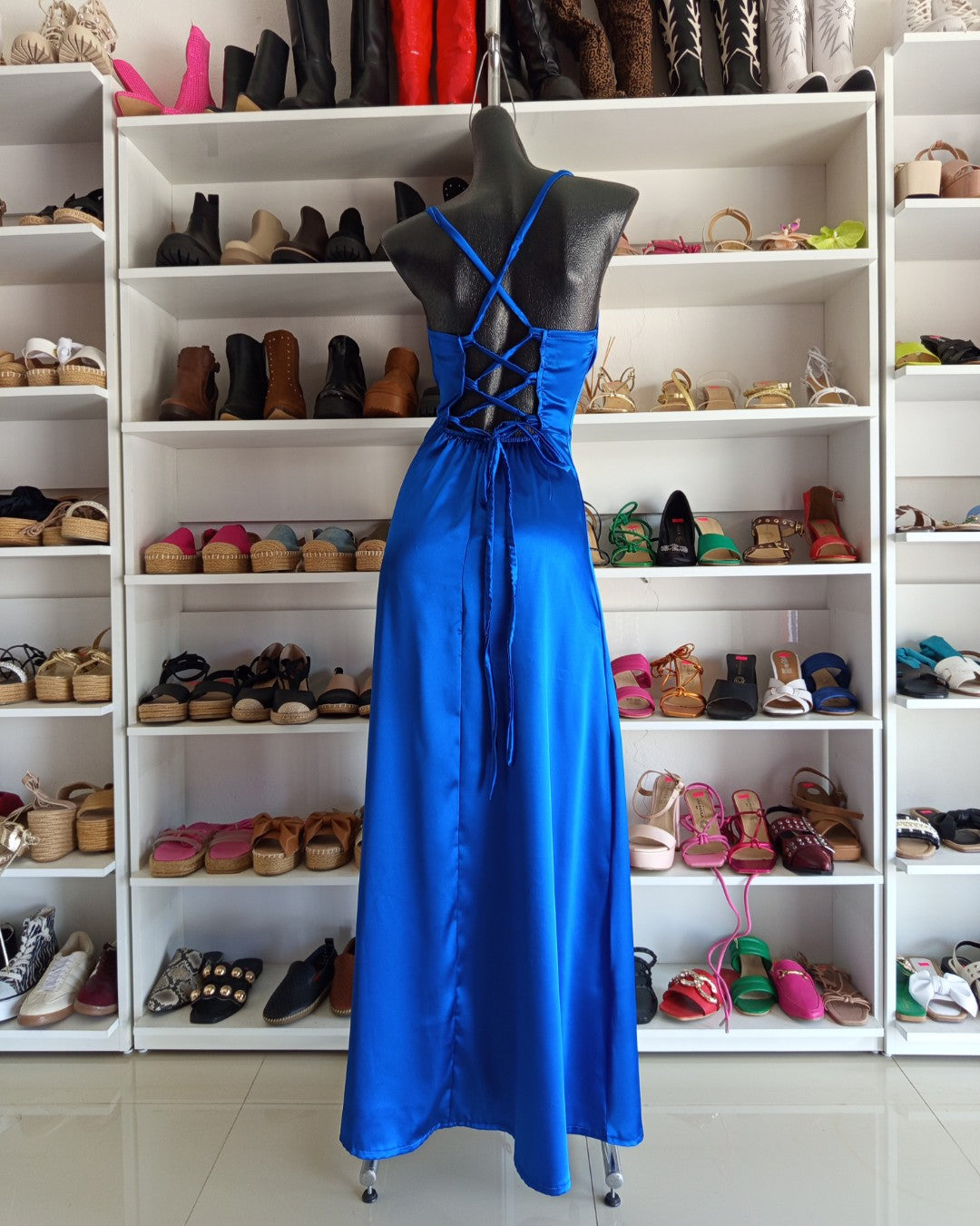 S0224 VESTIDO AZUL REY LARGO, CON TIRAS CRUZADAS EN LA ESPALDA