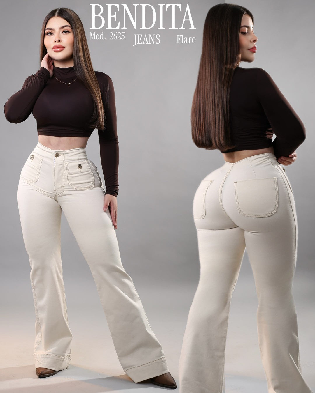 BENDITA 2625 PANTALÓN DE MEZCLILLA BEIGE CORTE FLARE, CON BOLSAS, LEVANTA POMPIS