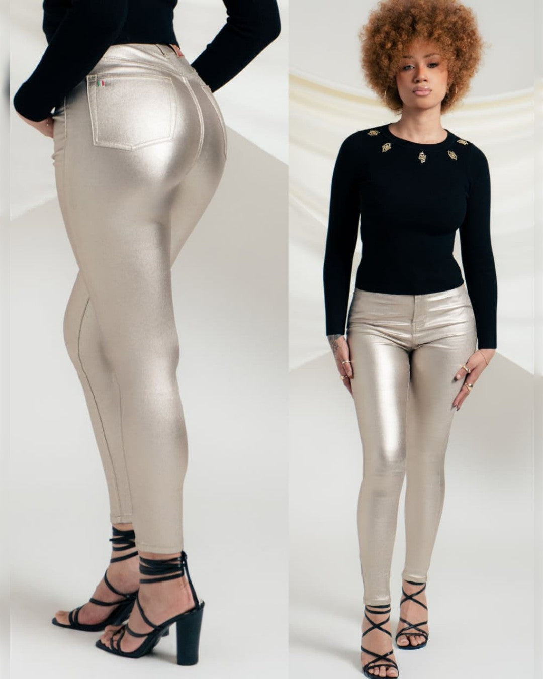 PANTALÓN DE VINIPIEL DORADO CON BOLSAS Y UN SOLO BOTÓN, SKINNY