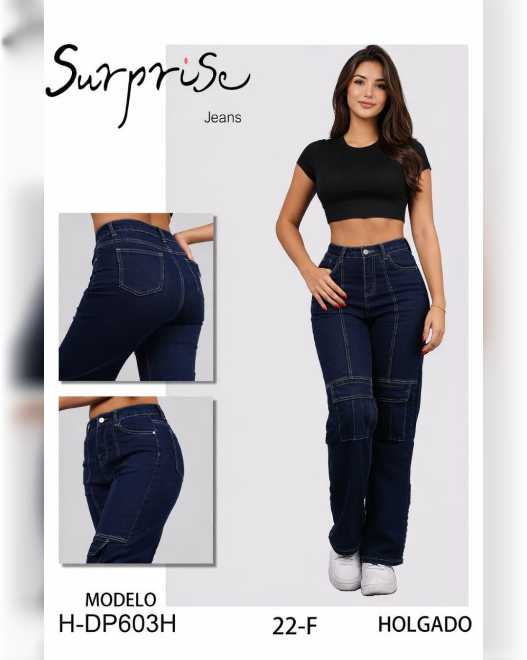 H-DP603H SURPRISE PANTALÓN DE MEZCLILLA HOLGADO CON BOLSAS AL FRENTE ARRIBA DE LAS RODILLAS