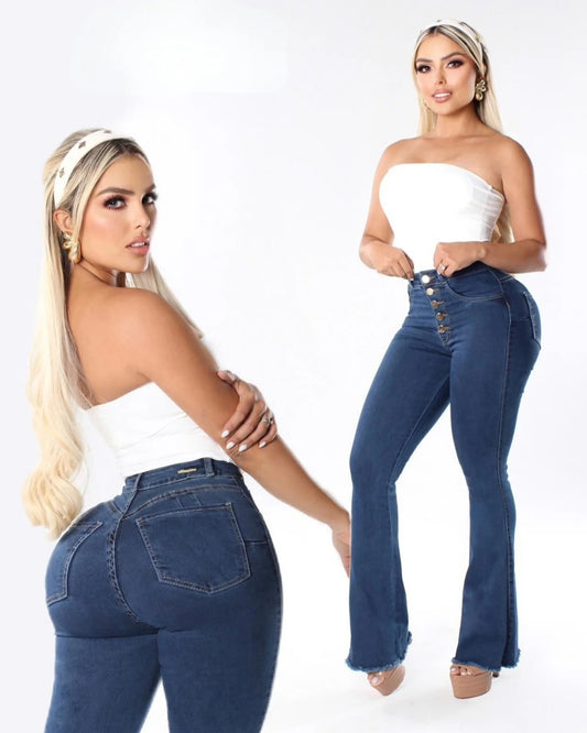 PANTALÓN ACAMPANADO DE MEZCLILLA STRETCH, DE TIRO ALTO CON UN SOLO BOTÓN Y BOLSAS BENDITA 24111