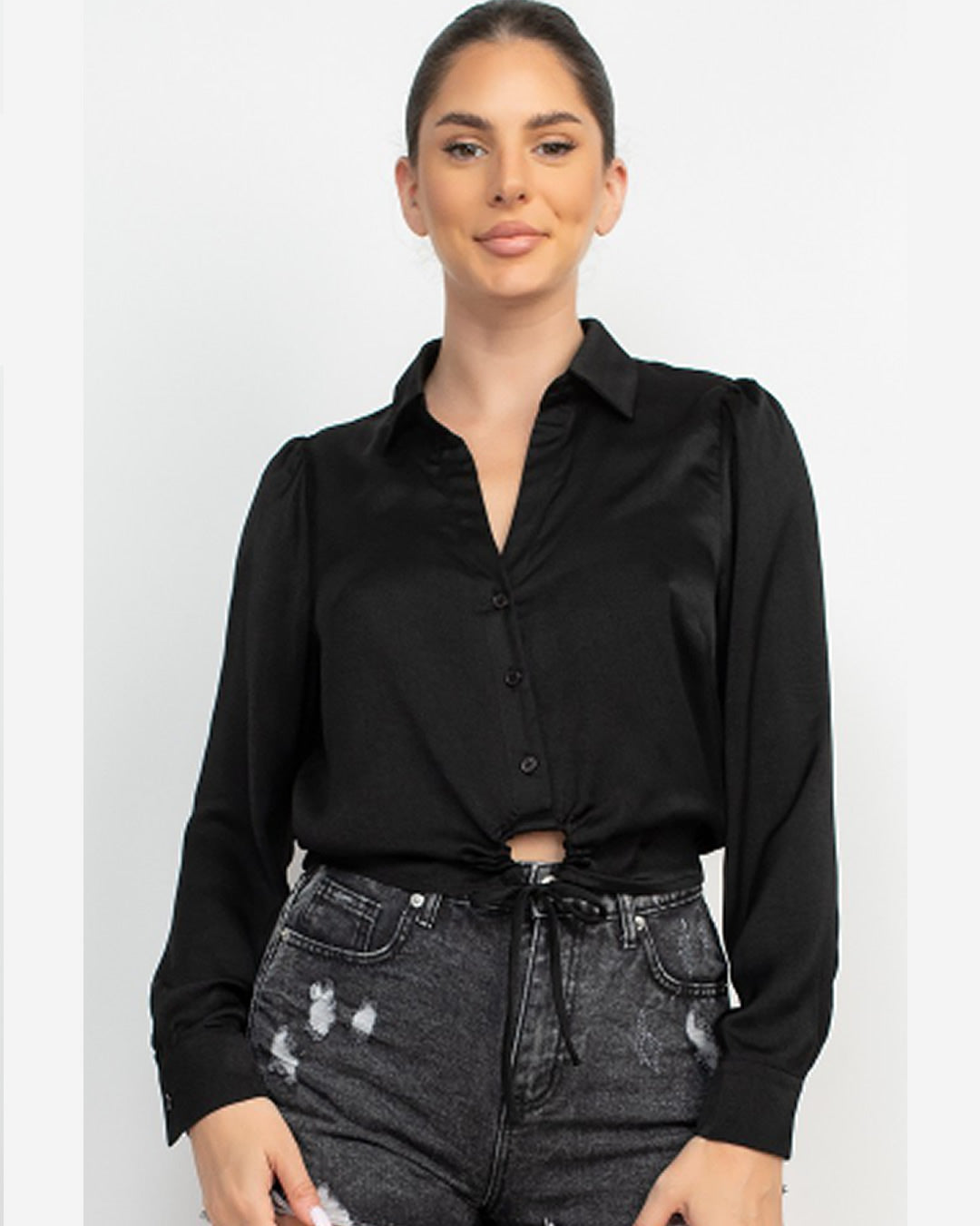 BLUSA CAMISERA NEGRA DE SATIN MANGA LARGA