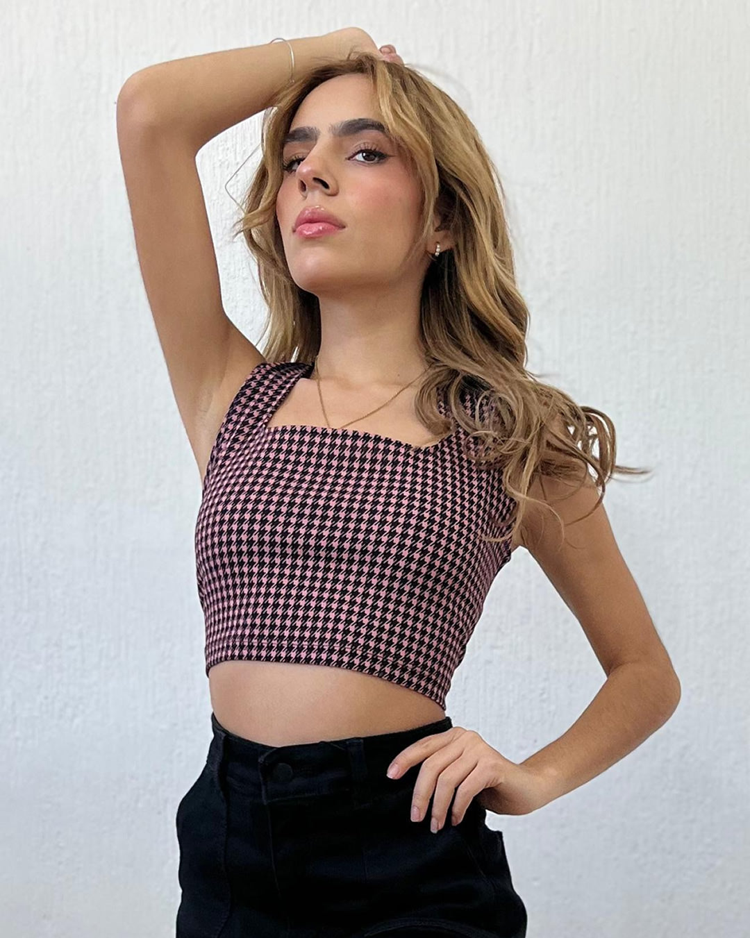 BLUSA CROP TOP DE ESTAMPADO DE PATA DE GALLO