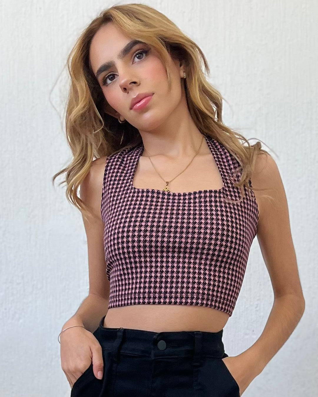 BLUSA CROP TOP DE ESTAMPADO DE PATA DE GALLO