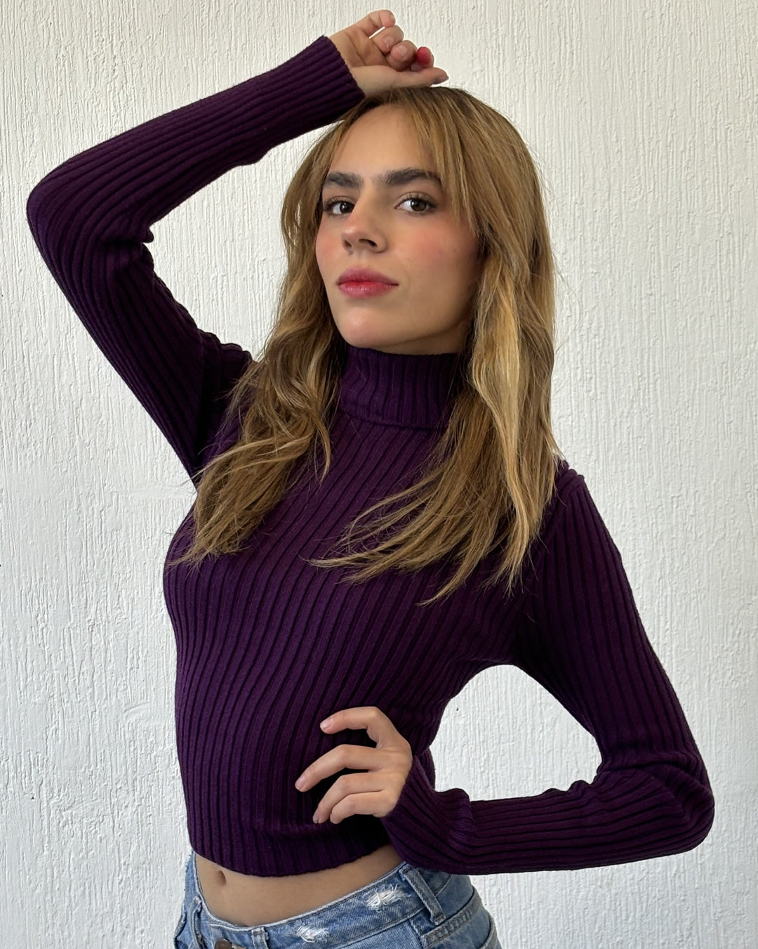 BLUSA TEJIDA TIPO SUETER CUELLO ALTO MANGA LARGA COLOR UVA