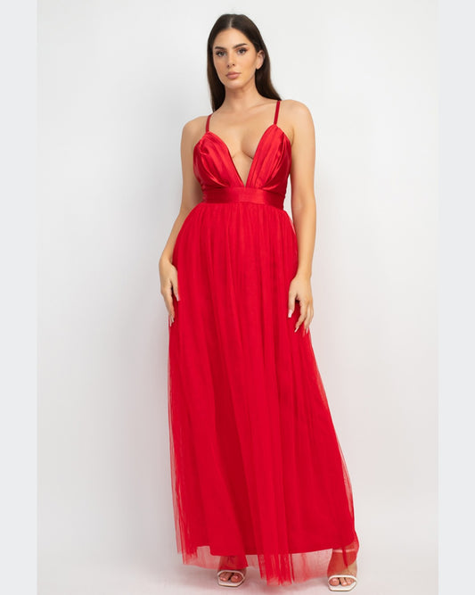VESTIDO LARGO ROJO CON FALDA DE TULL Y COPAS DE SATIN, TIRANTE CRUZADO AJUSTABLE HMD13545A