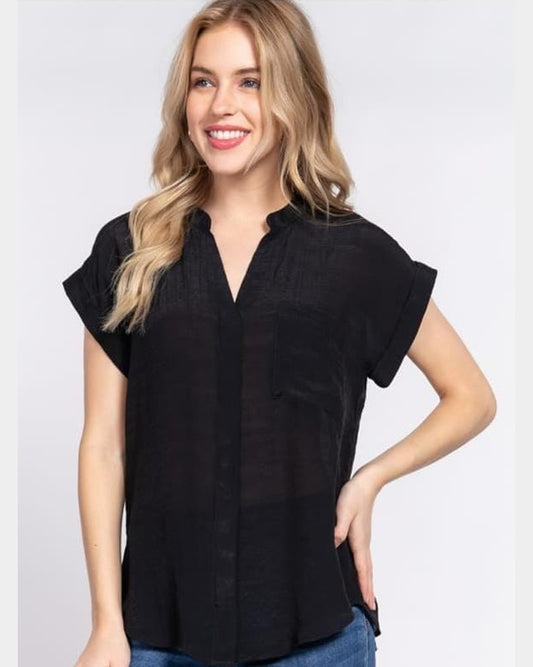 BLUSA CAMISERA NEGRA DE MANGA CORTA T13420