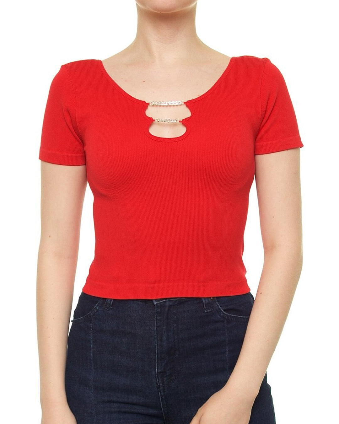 BLUSA ROJA MANGA CORTA CON APLICACIÓN EN EL ESCOTE T13889