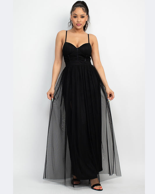 VESTIDO LARGO NEGRO DE TIRANTES CON FALDILLA DE TULL ID5431