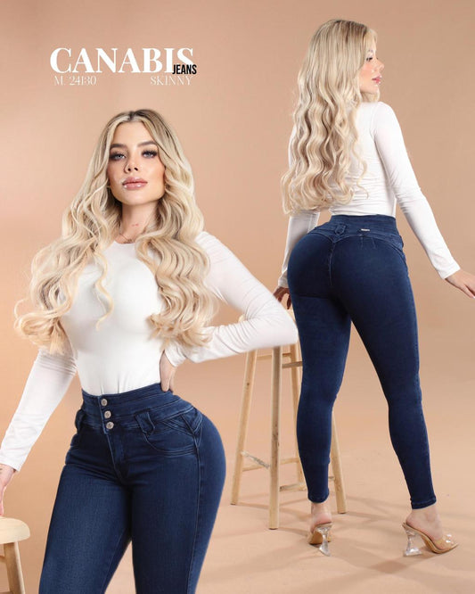 PANTALÓN DE MEZCLILLA CORTE COLOMBIANO, PRETINA ANCHA CON 3 BOTONES, SIN BOLSAS CANABIS 24130