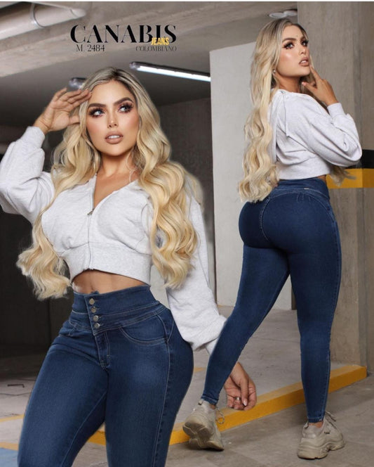 PANTALÓN DE MEZCLILLA CORTE COLOMBIANO, PRETINA ANCHA CON 4 BOTONES, SIN BOLSAS CANABIS 2484