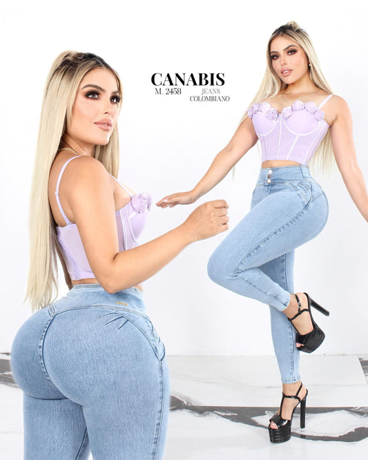 PANTALÓN DE MEZCLILLA STRETCH CON CORTE COLOMBIANO DE PRETINA ANCHA CON 3 BOTONES CANABIS 2458