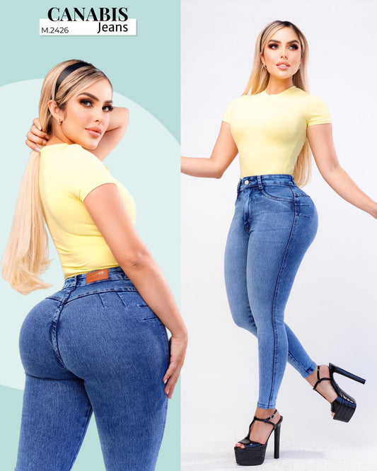 PANTALÓN DE MEZCLILLA STRETCH DE TIRO ALTO CON UN SOLO BOTÓN Y BOLSAS
