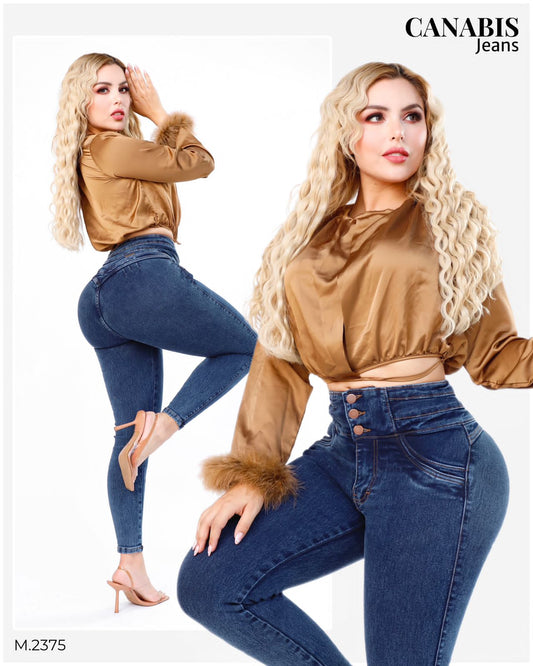 PANTALÓN DE MEZCLILLA STRETCH CON CORTE COLOMBIANO DE PRETINA ANCHA CON 3 BOTONES CANABIS 2375