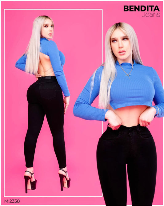 PANTALÓN DE MEZCLILLA STRETCH DE TIRO ALTO CON UN SOLO BOTÓN Y BOLSAS BENDITA 2338