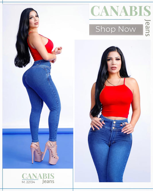 PANTALÓN DE MEZCLILLA STRETCH CORTE COLOMBIANO CON PRETINA ANCHA DE TRES BOTONES CANABIS 22134