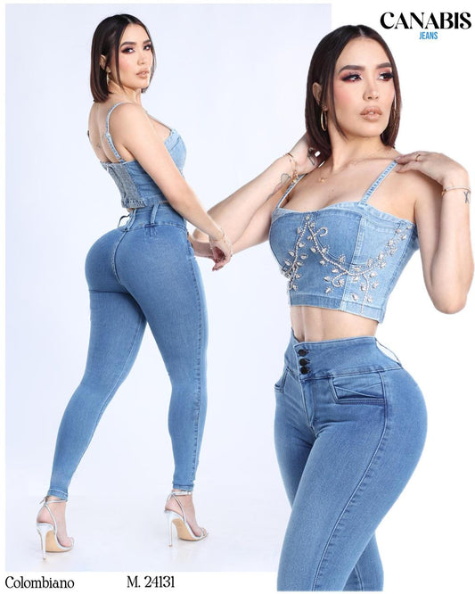 PANTALÓN DE MEZCLILLA STRETCH CORTE COLOMBIANO CON PRETINA ANCHA Y 3 BOTONES CANABIS 24131