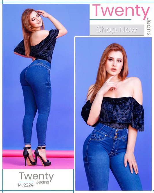 PANTALÓN DE MEZCLILLA STRETCH CORTE COLOMBIANO CON PRETINA ANCHA Y 3 BOTONES TWENTY 2224
