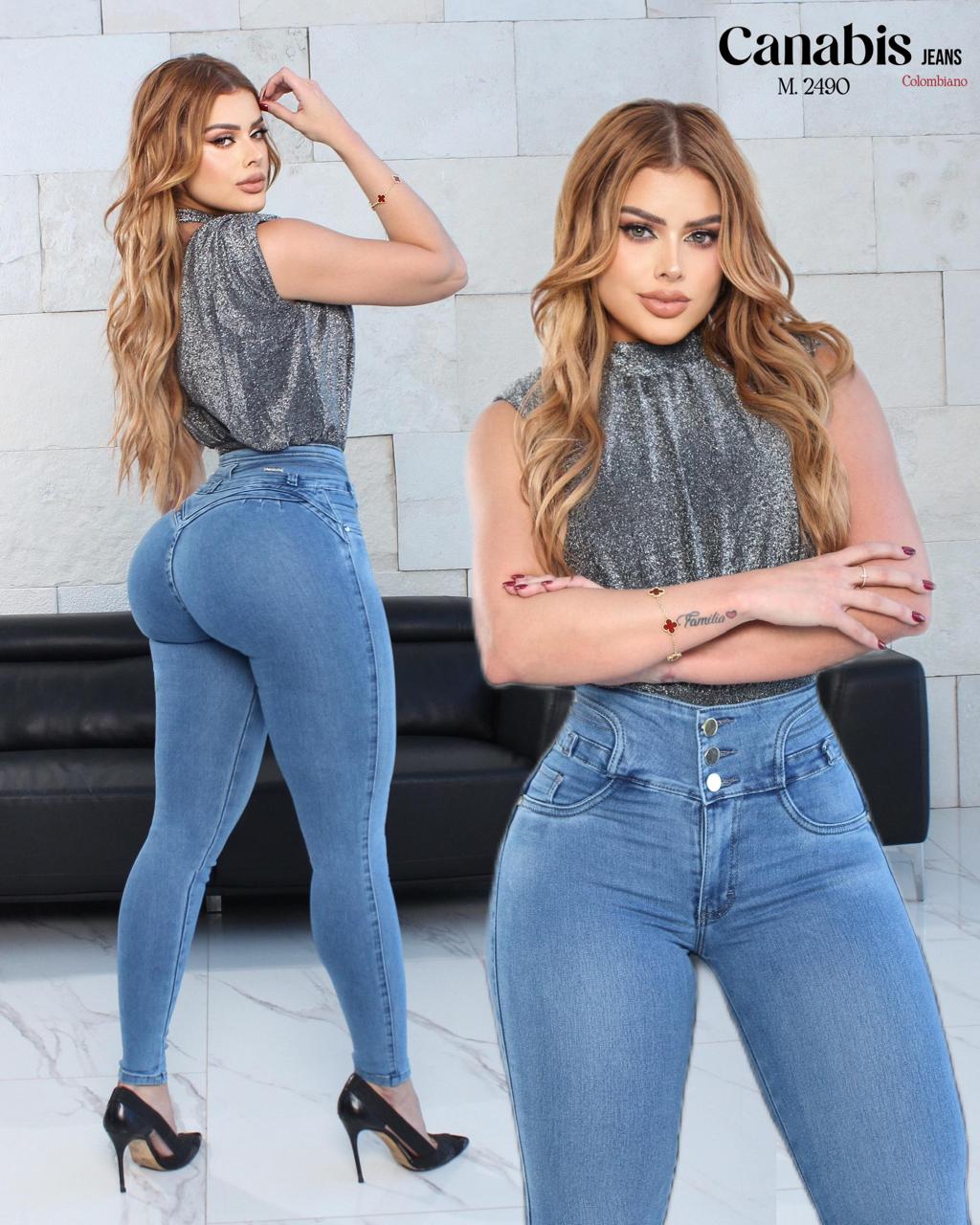 PANTALÓN DE MEZCLILLA STRETCH CORTE COLOMBIANO CON PRETINA ANCHA Y 3 BOTONES CANABIS 2490