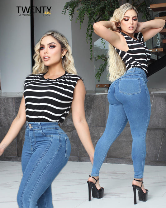 PANTALÓN DE MEZCLILLA STRETCH DE TIRO ALTO CON UN SOLO BOTÓN Y BOLSAS