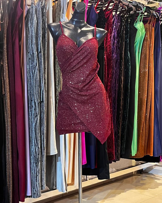 VESTIDO CORTO TINTO CRUZADO ASIMETRICO CON GLITTER Y TIRANTES