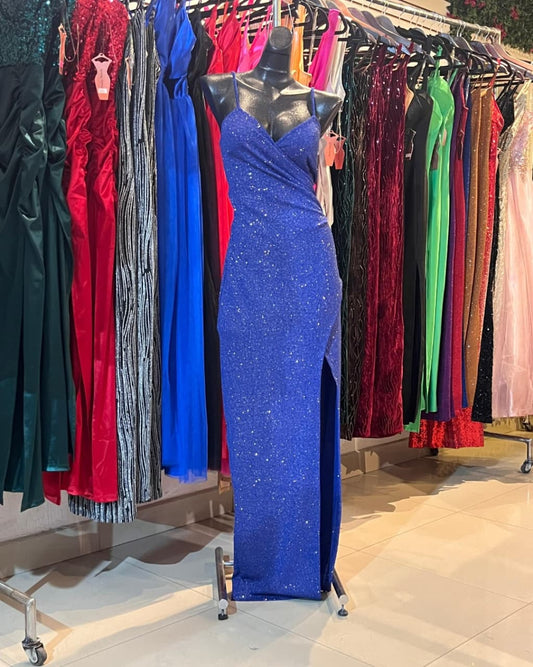 VESTIDO AZUL REY CON GLITTER, LARGO CRUZADO DE TIRANTES