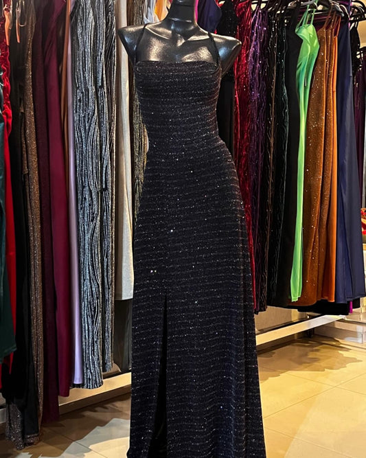 VESTIDO LARGO NEGRO CON GLITTER DE COLORES, FALDILLA LÍNEA A CON ABERTURA