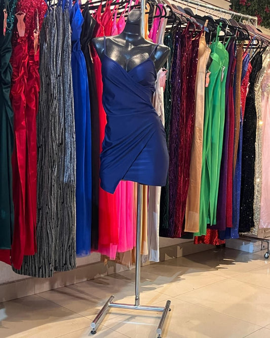 VESTIDO AZUL MARINO CORTO DE TIRANTES, CRUZADO ASIMETRICO