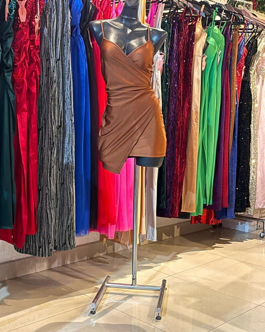 VESTIDO TERRACOTA CORTO DE TIRANTES, CRUZADO ASIMETRICO