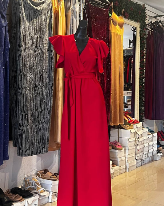 VESTIDO ROJO LARGO CON ESCOTE CRUZADO Y MANGA DE CORTE MARIPOSA