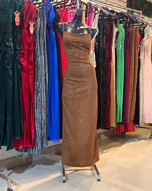 VESTIDO TERRACOTA CON GLITTER, LARGO DE TIRANTES