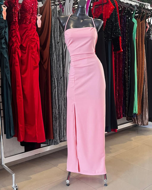 VESTIDO ROSA PALO LARGO DE TIRANTES CON ABIERTA EN LA PIERNA
