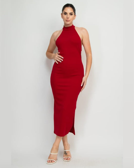 VESTIDO HALTER ROJO CON ABIERTA LATERAL HMD14233