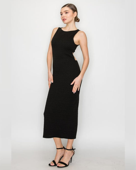 VESTIDO NEGRO MIDI CON ESPALDA SEMI DESCUBIERTA ID5865