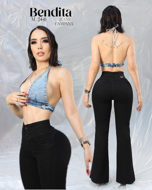 PANTALÓN ACAMPANADO DE MEZCLILLA STRETCH COLOR NEGRO CON CORTE COLOMBIANO BENDITA 2441