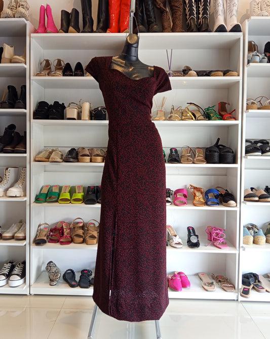 S0033 VESTIDO LARGO, NEGRO CON GLITTER ROJO ANIMAL PRINT