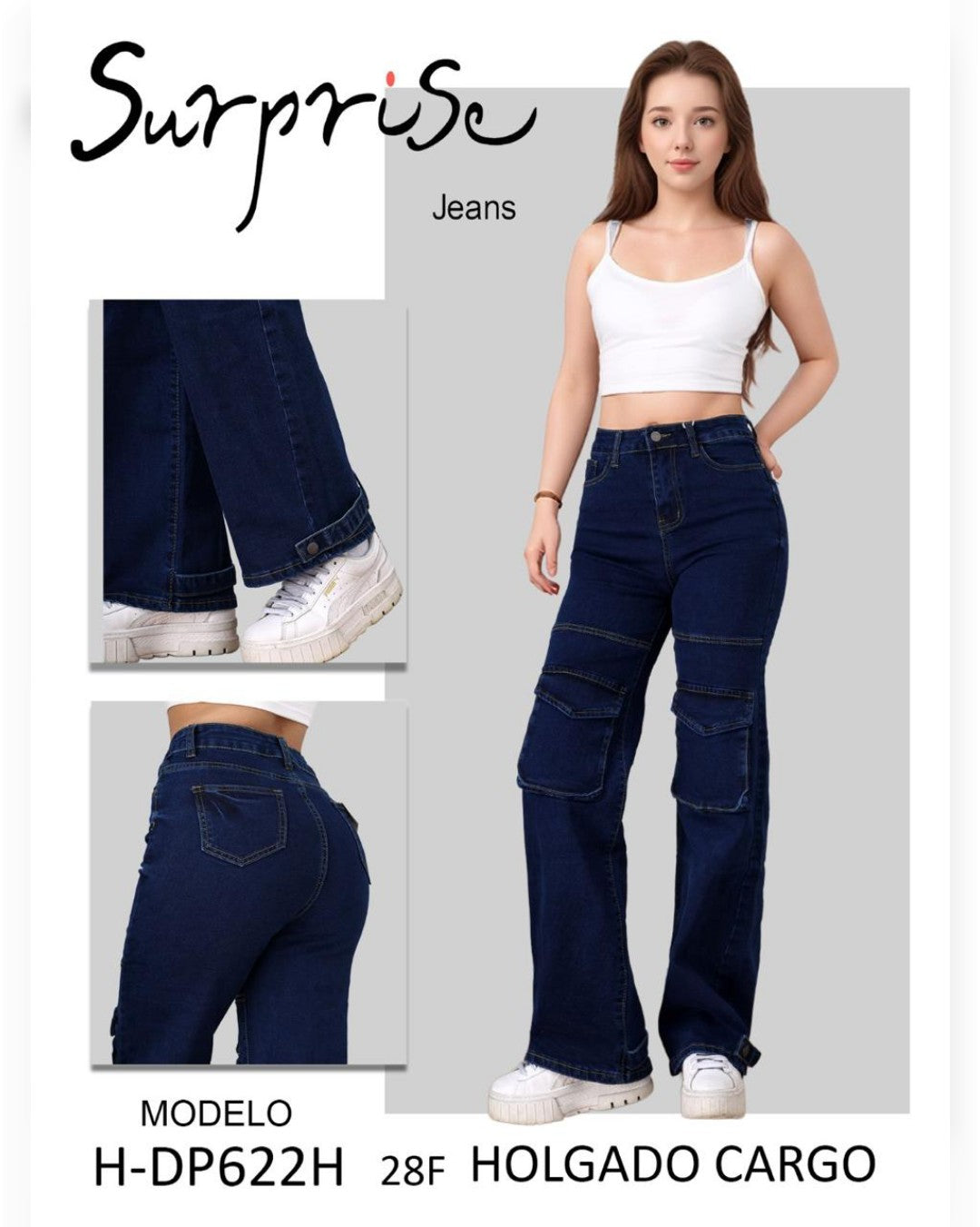 H-DP622H SURPRISE PANTALÓN DE MEZCLILLA HOLGADO TIPO CARGO UN SÓLO BOTÓN