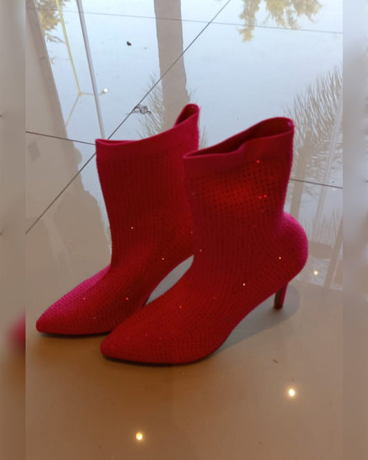 BOTAS ROSA FIUSHA CON BRILLOS, TACON DE AGUJA