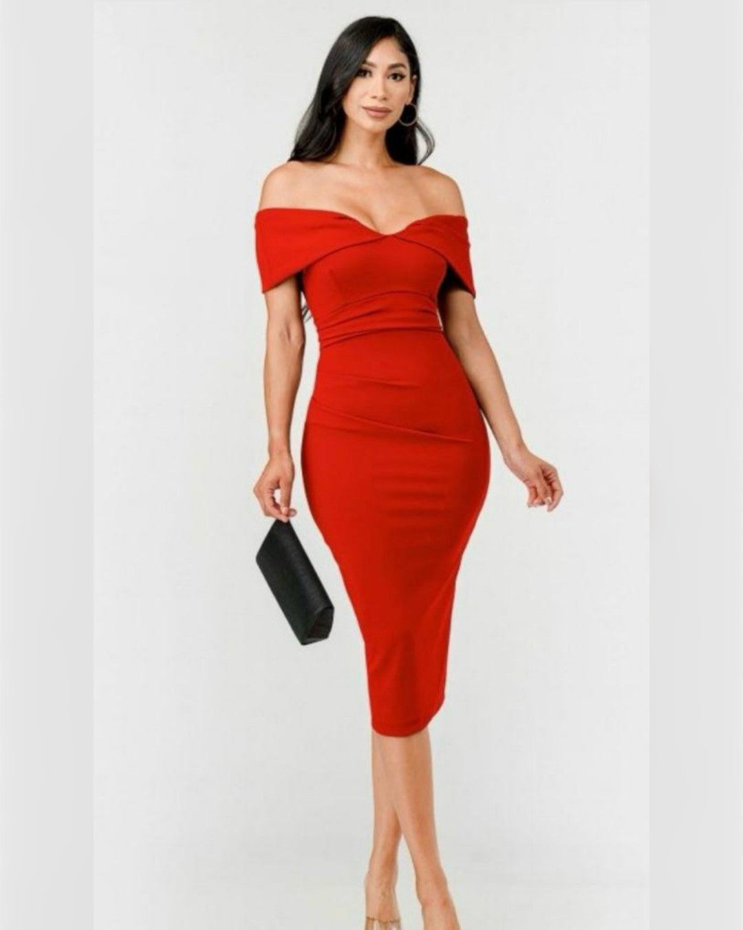 D95179 VESTIDO ROJO, MIDI, MANGA CAÍDA